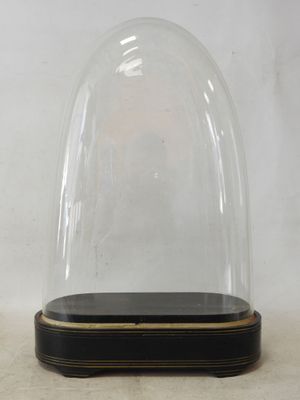 a glass dome on top of a wooden base