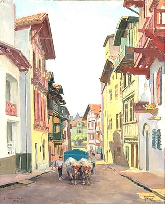 a painting of a horse drawn carriage on a city street