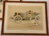 two framed pictures of a vintage car and a dog