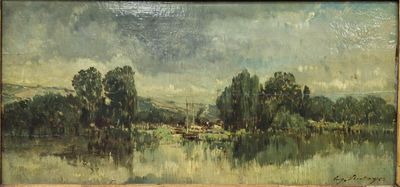 une peinture à l'huile représentant un lac avec des arbres et une maison au loin
