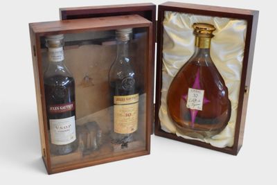 two bottles of wine in a wooden case