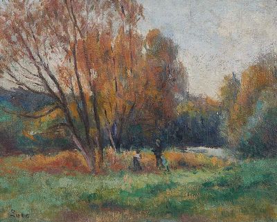 tableau représentant deux chevaux paissant dans un champ près d'un arbre