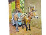 un tableau représentant un homme debout à côté d'un cheval