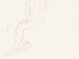 dessin au crayon représentant un homme assis sur un tabouret, les jambes croisées