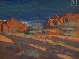 an image of a painting of a desert area with a body of water in the background
