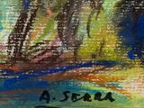 an image of a painting of a river with trees in the background