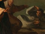 painting of a group of people standing around a man laying on a bed