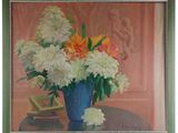 a painting of flowers in a blue vase on a table