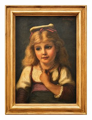 portrait of a young girl in a red and white dress with a red headband