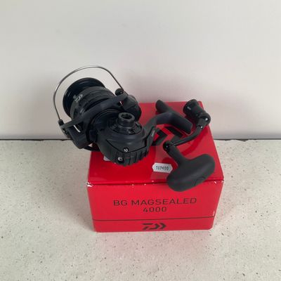 a red box with a fishing reel and a reel on it