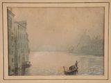 painting of a boat in a body of water with buildings in the background