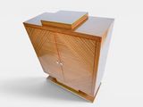a wooden cabinet with a mirror on top of it
