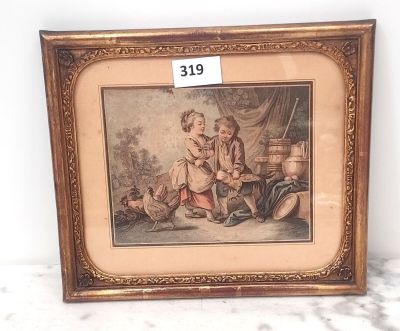 tableau encadré représentant deux enfants jouant avec un chien et un chat