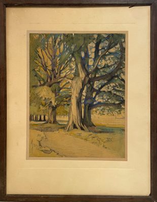 tableau représentant un arbre dans un champ, avec un banc au premier plan
