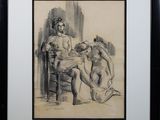 drawing of a woman sitting on a chair next to a man in a chair
