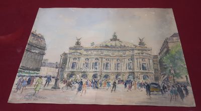 tableau représentant un grand bâtiment autour duquel circulent de nombreuses personnes
