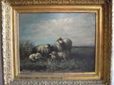 painting of sheep and lambs in a field with a sky in the background