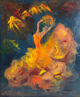 a painting of a woman in a yellow dress dancing