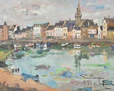 a painting of a harbor with boats in the water