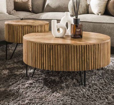 Lot de 2 tables basses rondes en bois de manguier et métal- … - Photo 1