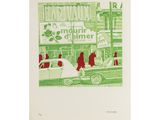 une image représentant un dessin en vert et blanc d'une voiture garée devant un magasin