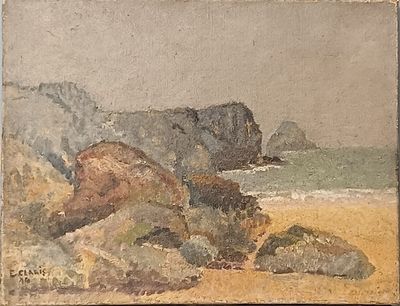 une image représentant une peinture de rochers sur une plage au bord de la mer