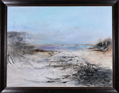 an oil painting of a beach scene with a blue sky in the background
