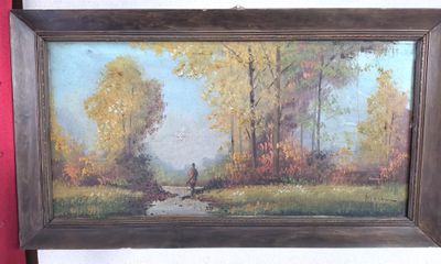 une peinture à l'huile représentant un homme promenant son chien dans un espace boisé