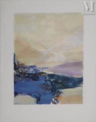 an image of a painting of a beach scene with blue water