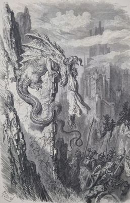 drawing of a dragon attacking a man with a sword on a cliff
