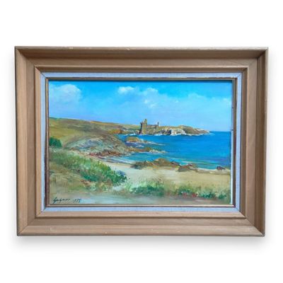 painting of a view of a beach with a castle in the distance