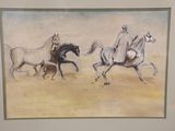 a picture of a painting of a man riding a horse with two horses