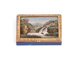 an old picture of a painting of a waterfall in a blue box