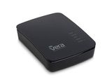 a close up of a small black device on a white surface