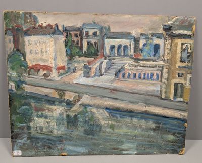 une peinture à l'huile représentant une vue de ville avec des bâtiments et une rivière