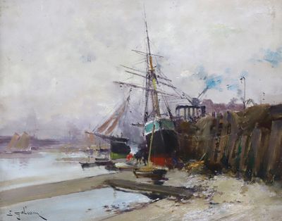 une peinture représentant un bateau dans l'eau, près du rivage