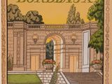 an old poster of a building with a fountain in front of it