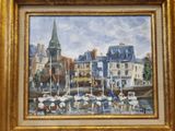a painting of boats in a harbor with a church in the background