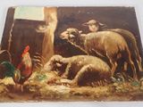 un tableau représentant des moutons et des poulets dans une grange