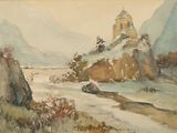 une image représentant un tableau représentant un paysage de montagne avec une église au loin