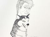 an ink drawing of a man with a dog on his shoulder