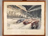 une image représentant un tableau où l'on voit deux voitures de course sous la pluie
