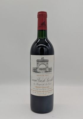 une bouteille de vin rouge sur fond blanc, avec un bâtiment en arrière-plan