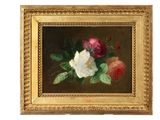 painting of three roses in a gold frame on a brown background