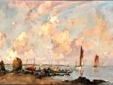 a painting of sailboats on the water by the shore