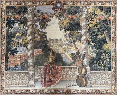 painting of a woman sitting on a balcony with a violin and a vase of flowers