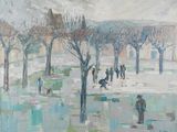 tableau représentant un groupe de personnes se promenant dans un parc sous la neige