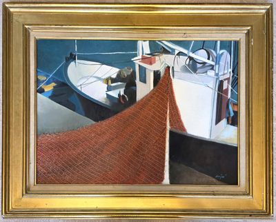 a painting of a boat in the water with a red roof