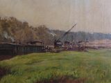 a painting of a train on the tracks near a field