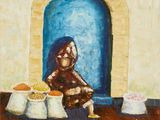 une peinture à l'huile représentant une femme assise devant une porte bleue